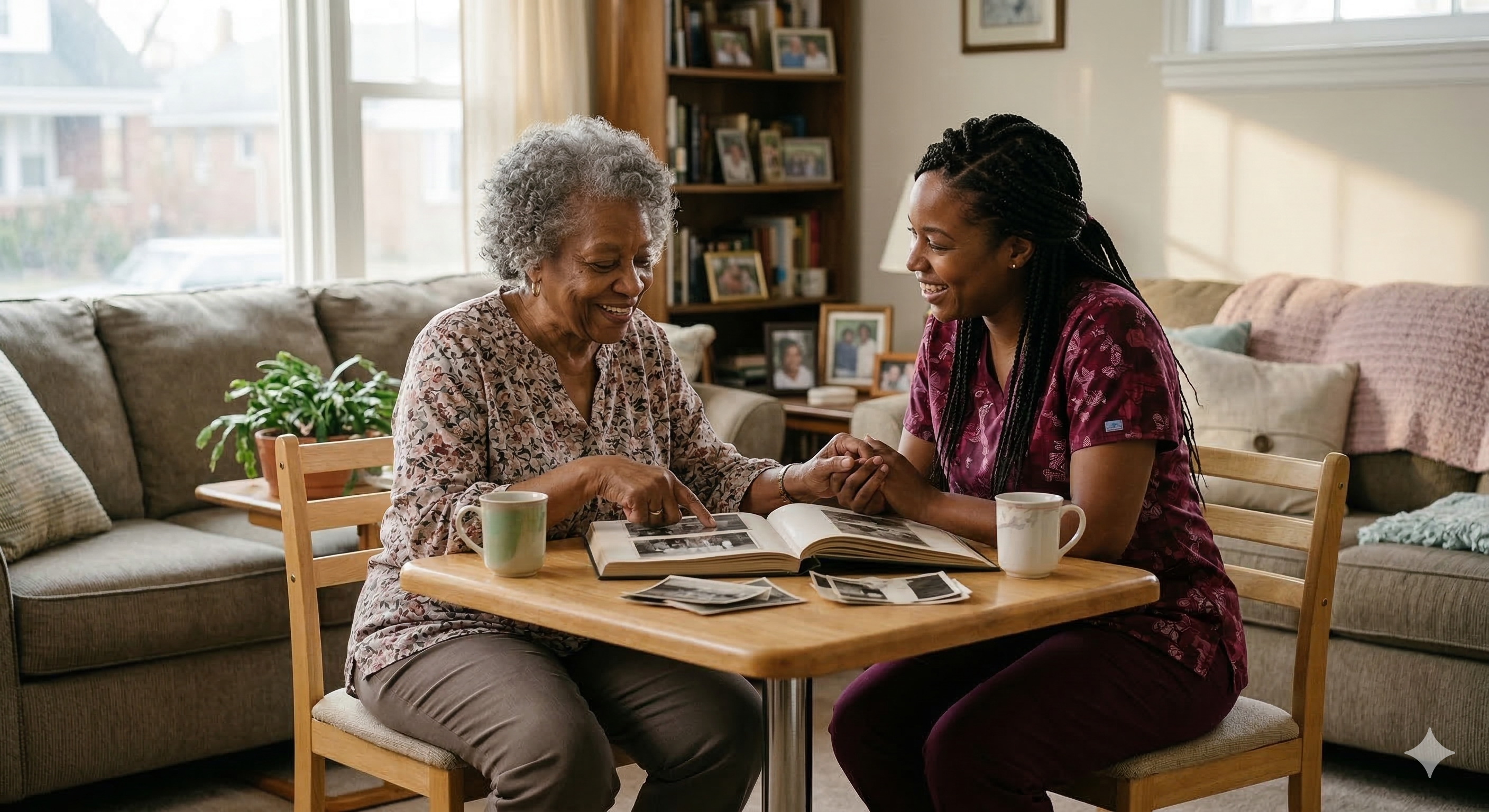 Linda's Care caregiver sharing memories with an elderly client over a photo album